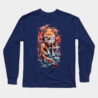 Kitsune fox, Japanese wave Long Sleeve T-Shirt